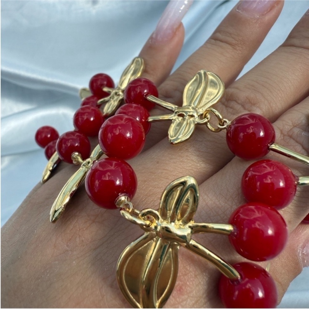 Cherry Design Gold and Red Beaded Stainless Steel Necklace - Picture 7 of 11